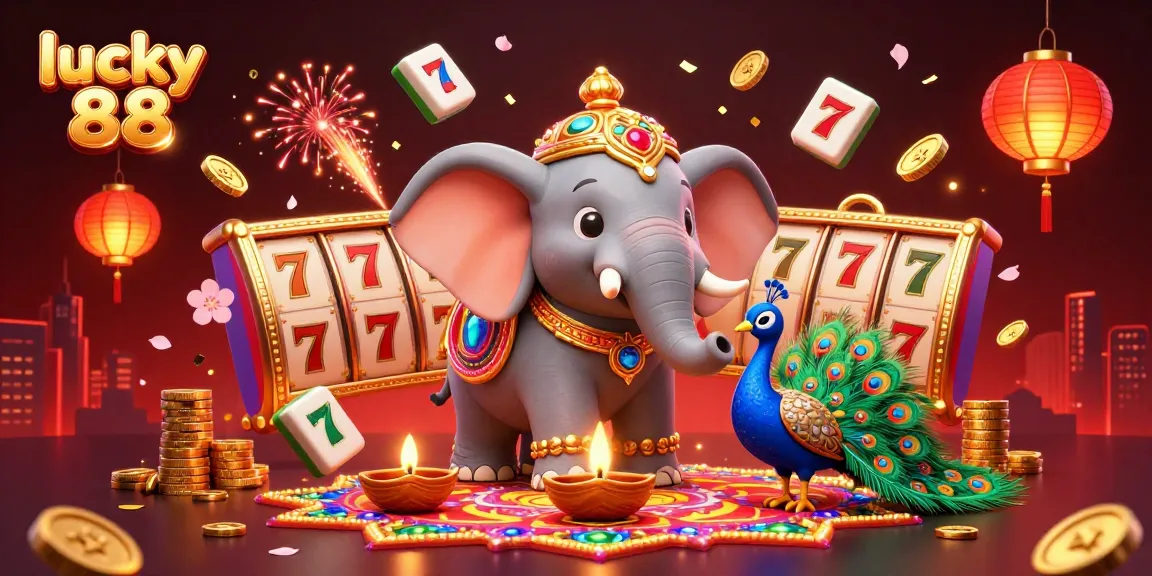 Engage with the vibrant Lucky 88 slot scene featuring a colorful elephant and peacock amidst dynamic symbols.