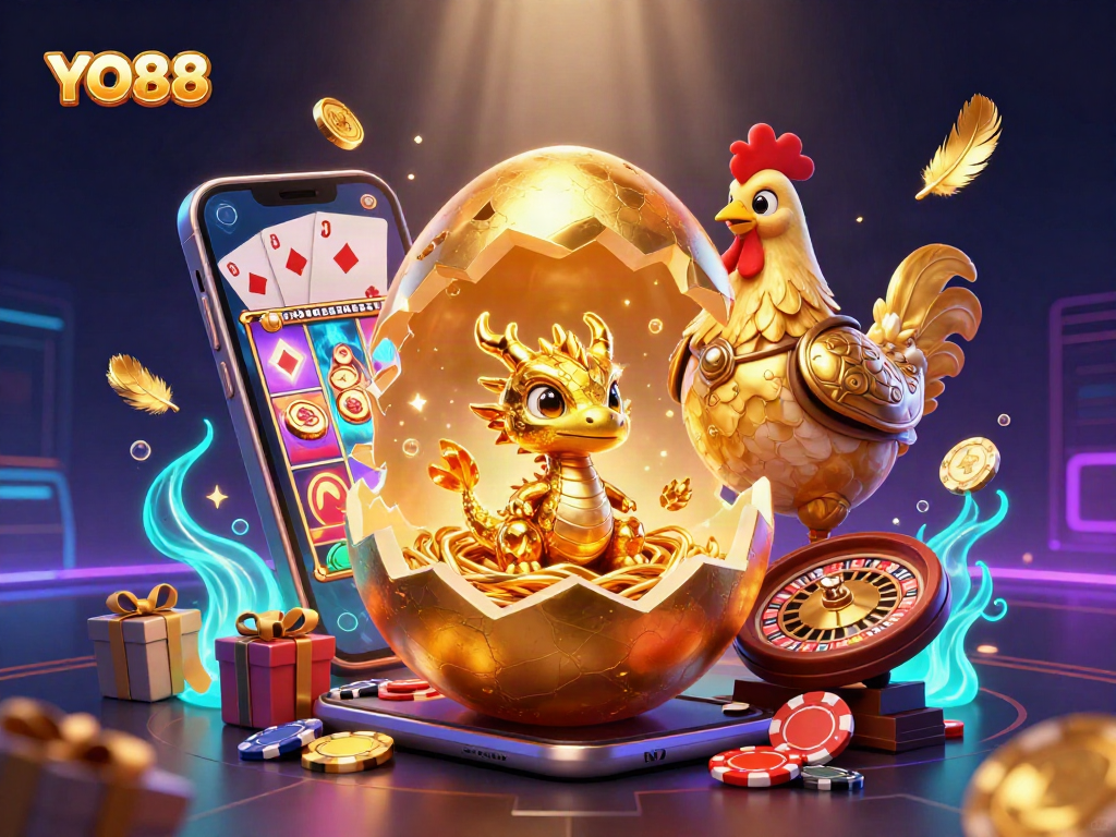 Play thrilling games at YO88, where a golden dragon guards treasures amidst vibrant casino elements.