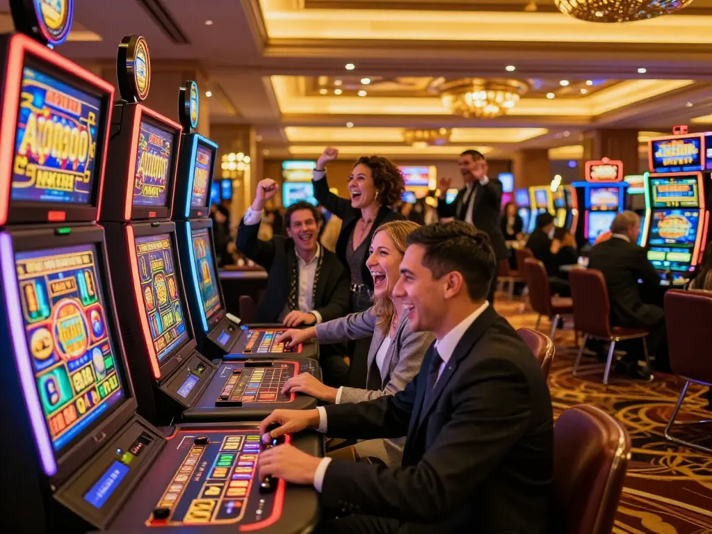Players celebrating at slot machines in the vibrant atmosphere of viceroyluxury casino, showcasing excitement and wins