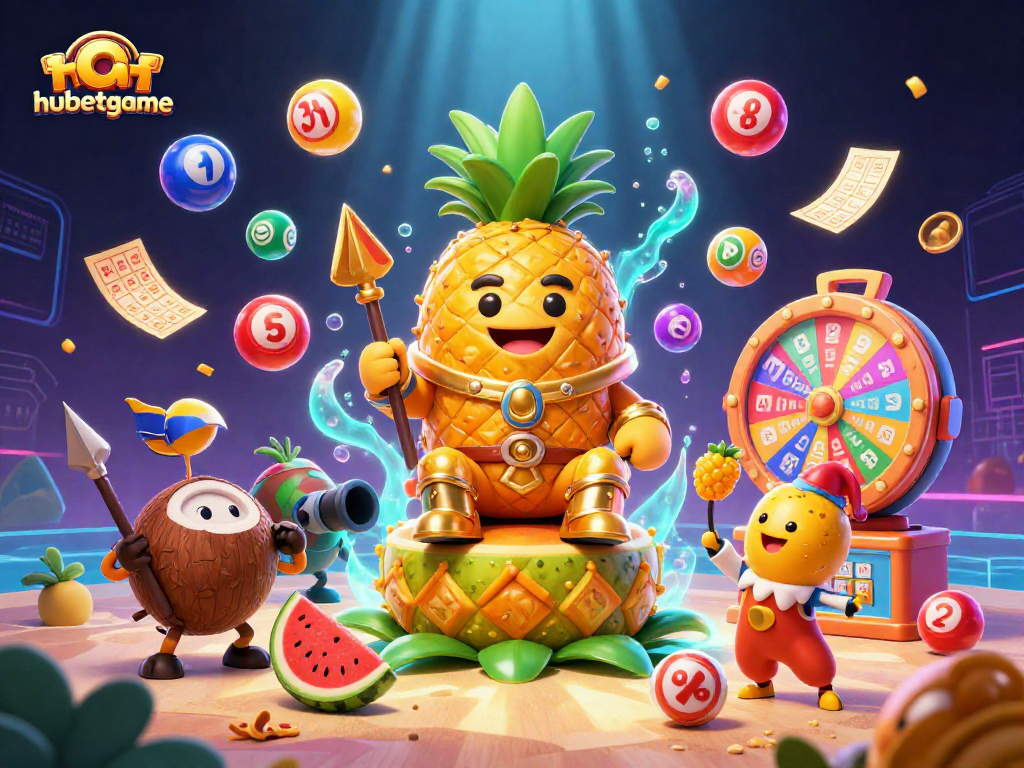 Engage exciting gameplay at hubetgame with our vibrant beach casino featuring a golden pineapple king and colorful gambling elements.