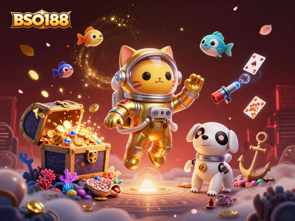 Engage with BSO188 in a vibrant 3D scene featuring playful characters amidst jackpot elements.