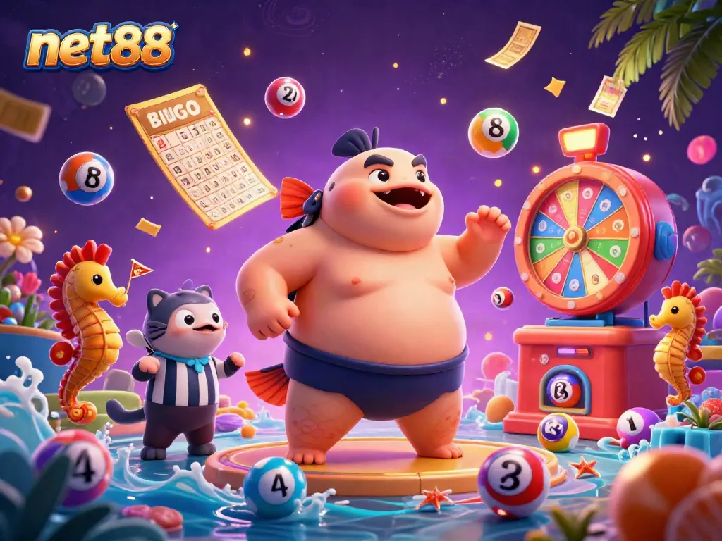 Experience the excitement of net88 with vibrant underwater gambling action featuring a fugu, referee catfish, and cheering spectators.