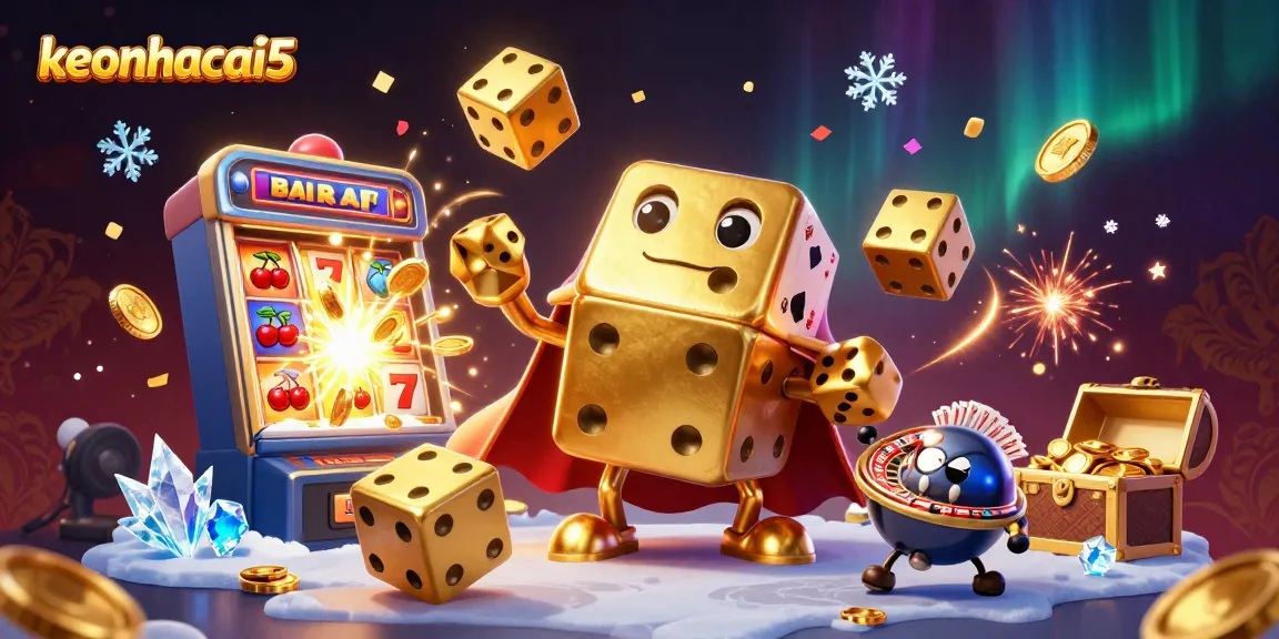 Experience the fun of keonhacai5 gaming with vibrant golden dice and a slot machine in action.