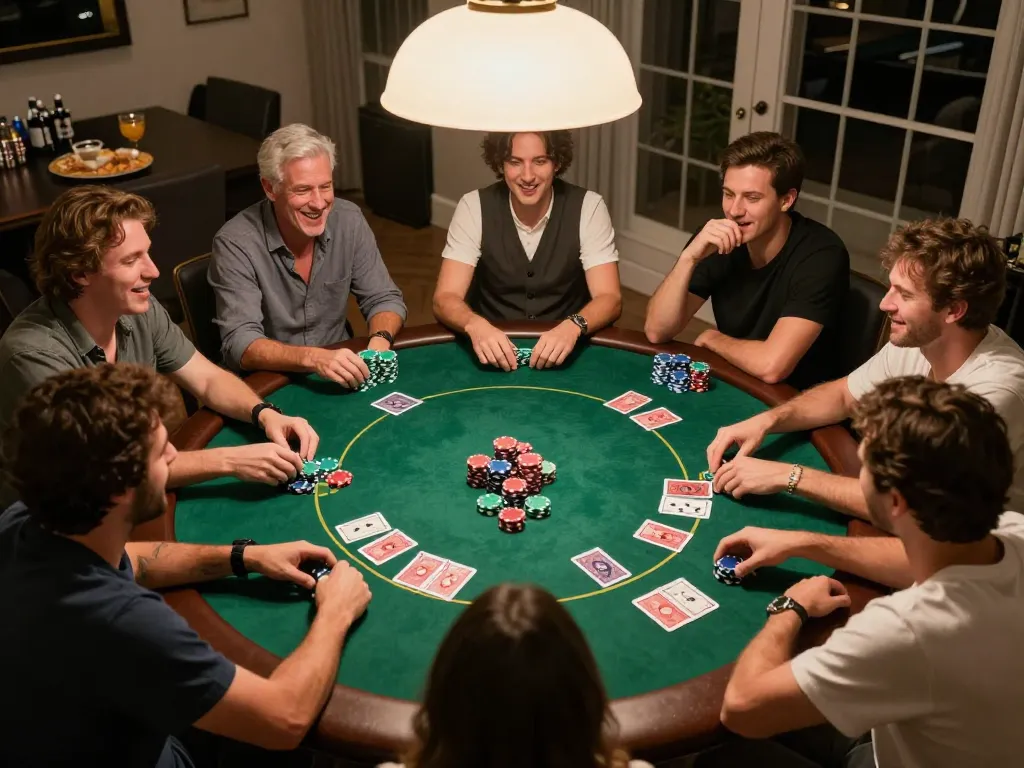 Hitclub poker night with friends around the table, showcasing strategic gameplay and excitement.