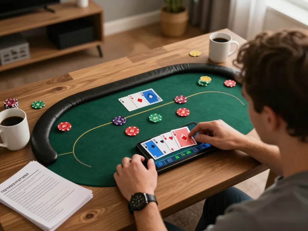 MPOID Alternative showcasing an engaging online poker gameplay scene with digital cards and strategy notes.