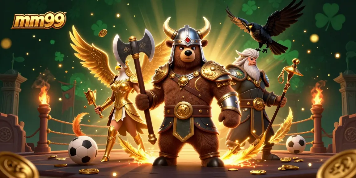 Experience thrilling sports betting with mm99 in this dynamic 3D illustration featuring a Viking bear and eagle.