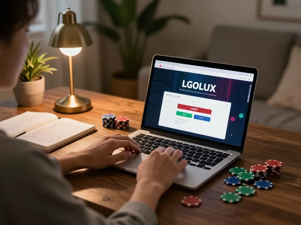 Engaging online gaming session featuring LGOLUX LOGIN on laptop screen, displaying poker interface and strategy notes