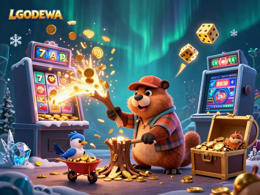Engage with the vibrant LGODEWA scene showcasing a lumberjack beaver amid coins and casino excitement.