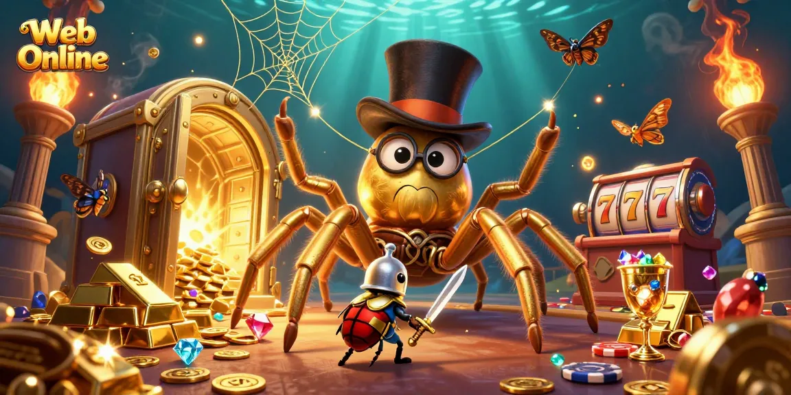 Engage with Web Online's thrilling slots as a golden tarantula weaves amidst casino treasures.