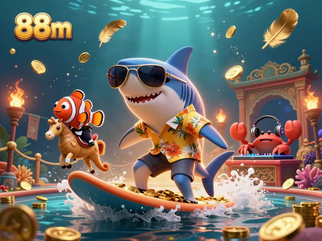 Experience the thrill at 88m with vibrant characters surfing on a wave of gold coins in a lively casino setting.