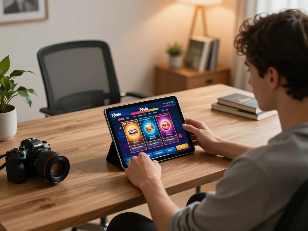 Engaged player using 78win app in a stylish home office for online gambling.