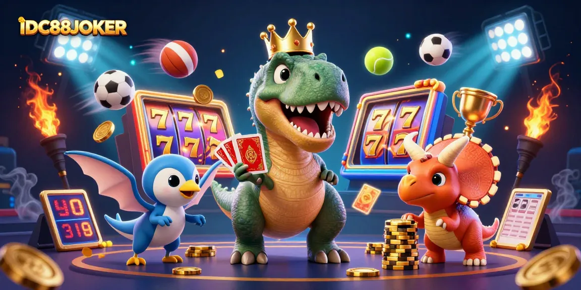 Engage with IDC88JOKER through a playful 3D scene featuring a T-Rex playing cards and a Triceratops stacking chips.