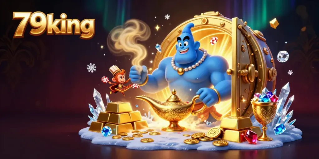 Engage with 79king's vibrant gambling world with a genie granting wishes amid treasures.