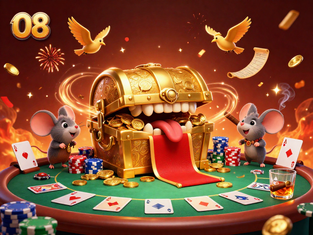 Engage with O8's thrilling poker adventure featuring a golden treasure chest and winning cards.