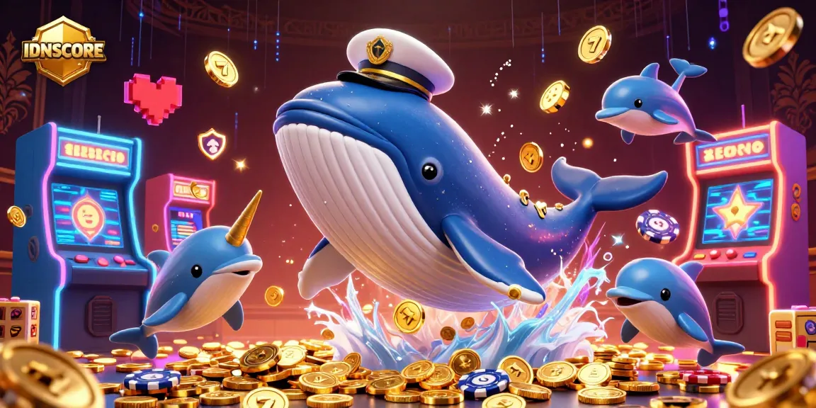 Engage with IDNSCORE as a vibrant whale breaches through coins, showcasing dynamic casino excitement.