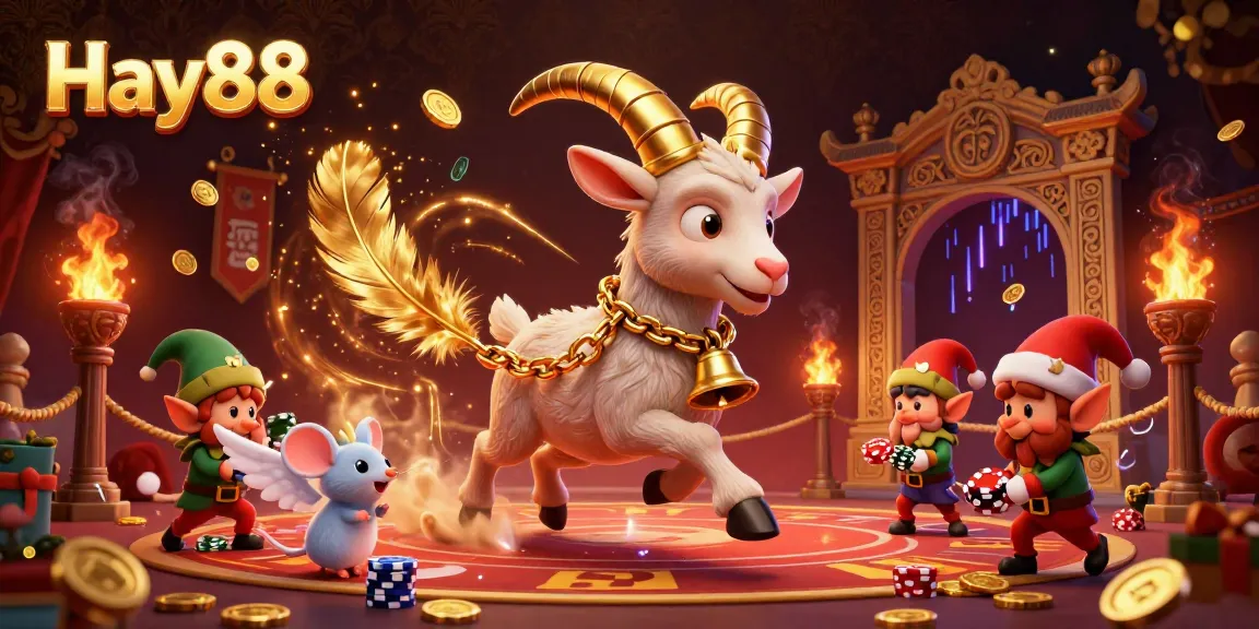 Engage with thrilling gaming at Hay88's colorful holiday casino featuring a Krampus goat, angel mouse, and cheeky gremlins.