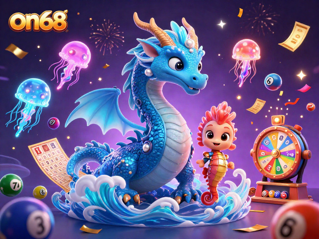 Engage with the vibrant on68 lottery universe featuring an azure dragon, seahorse knight, and jellyfish in action.