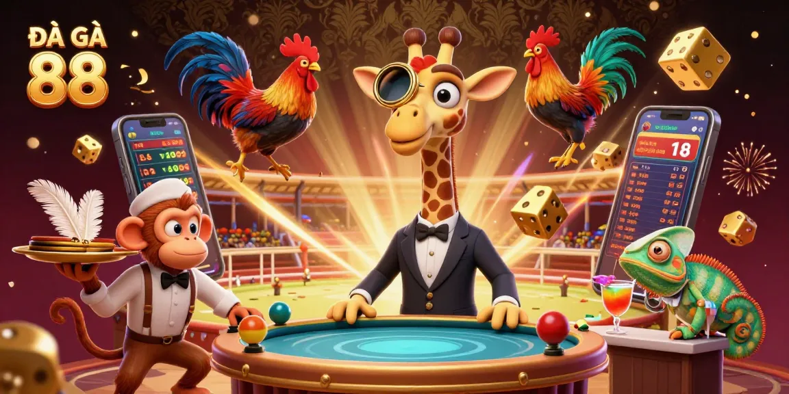Experience ĐÁ GÀ 88 lively cockfighting matches with a colorful 3D illustration, showcasing vibrant characters and energetic action.
