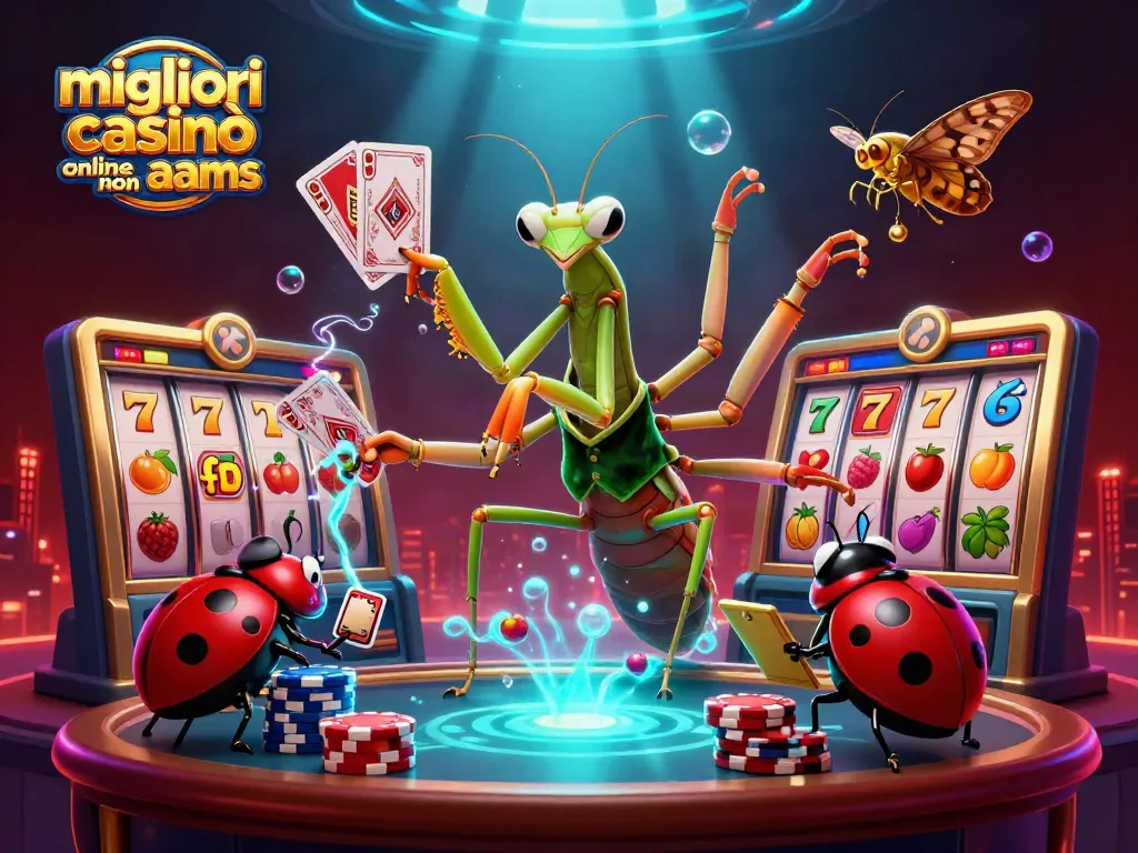Gioca nei migliori casinò online non AAMS: un mantide e una coccinella in un vivace ambiente di casinò.
