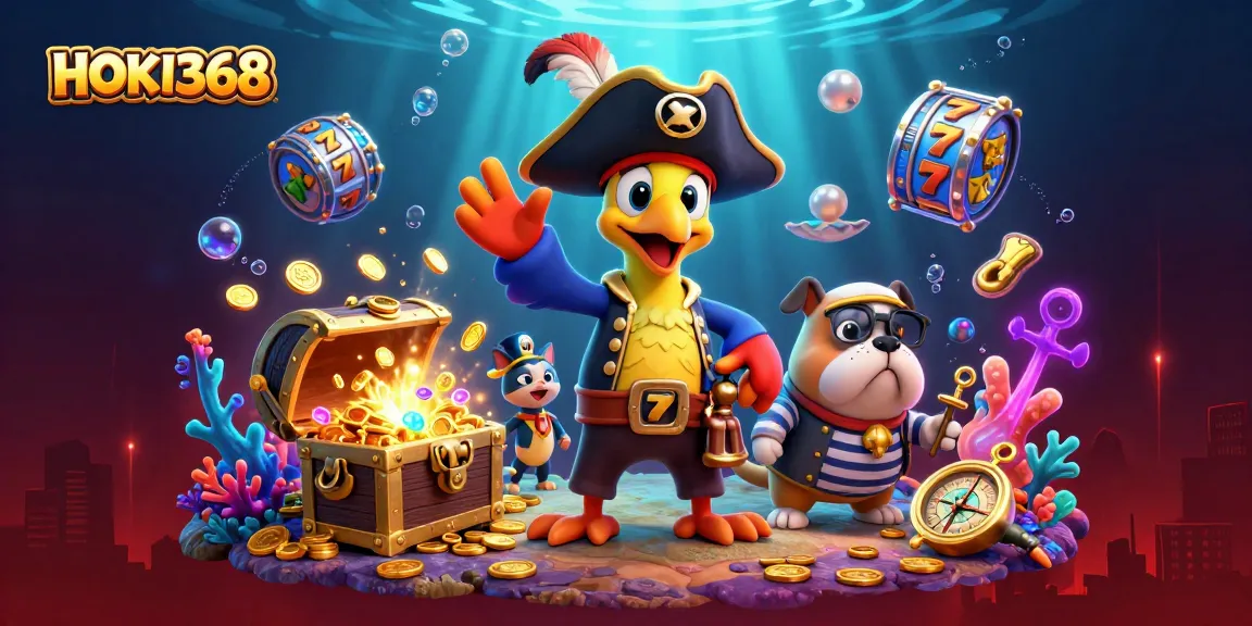 Get lucky with HOKI368 in this vibrant pirate-themed casino adventure illustration.
