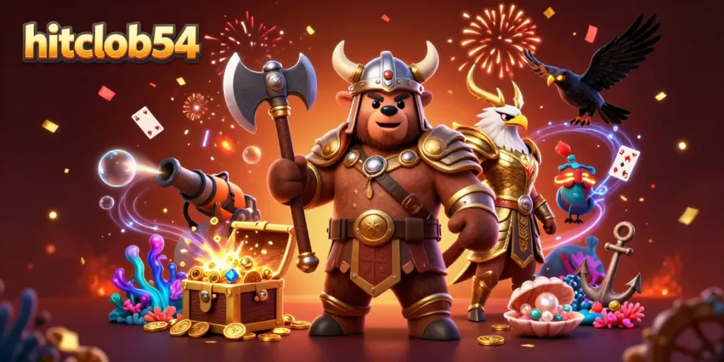 Experience winning excitement at hitclub54 with a vibrant 3D casino scene full of treasures and characters.