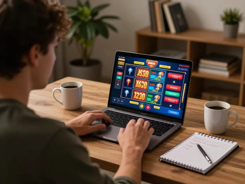Player enjoying online casino at home with slots interface, promoting nhacaiuytinn gaming wisdom.
