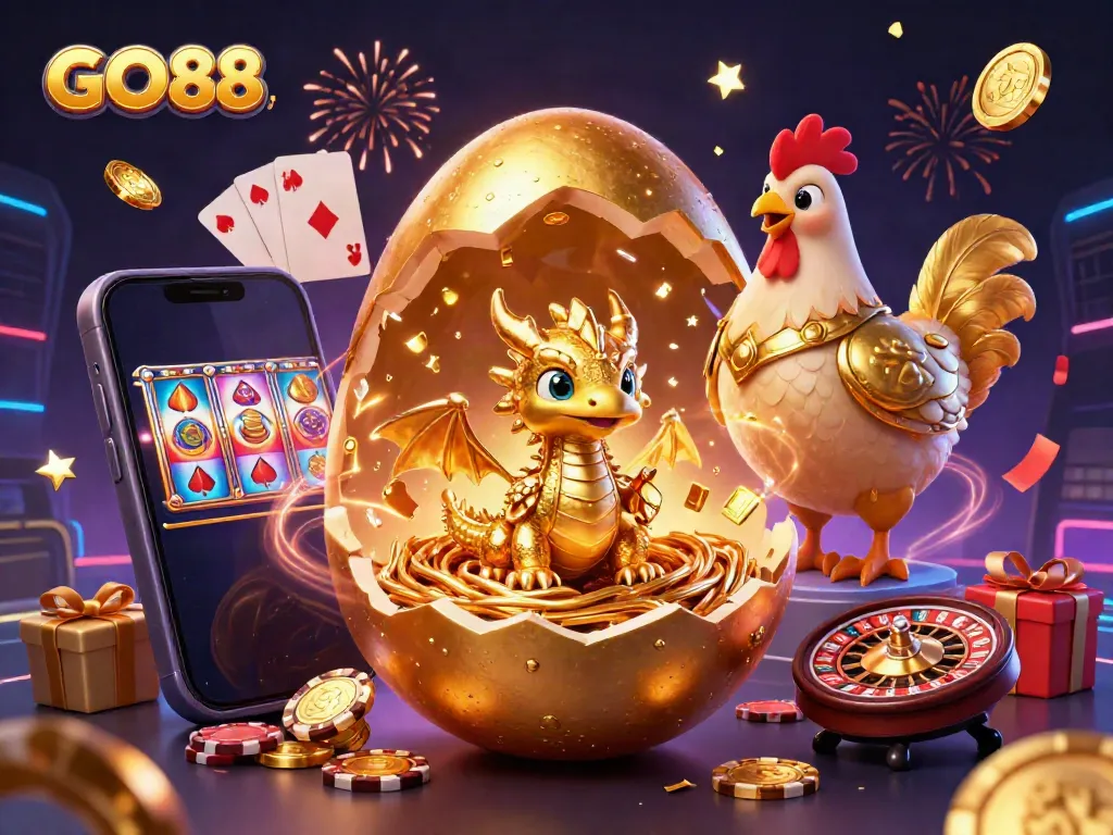 Experience exhilarating gameplay at GO88 with a dazzling golden dragon and captivating casino elements.