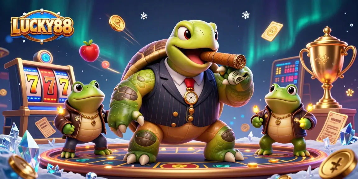 Engage in exciting gaming with LUCKY88's cartoon scene featuring a snapping turtle and action-packed casino elements.