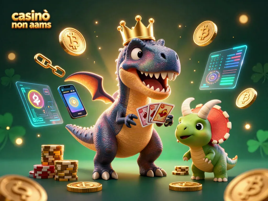 Casinò non AAMS con un T-Rex che gioca a carte e un triceratopo che impila chip d'oro.