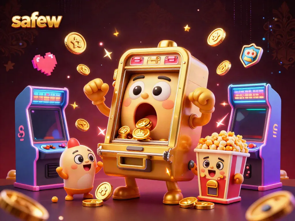 Safew showcases a vibrant 3D casino scene with a golden slot machine winning a jackpot.