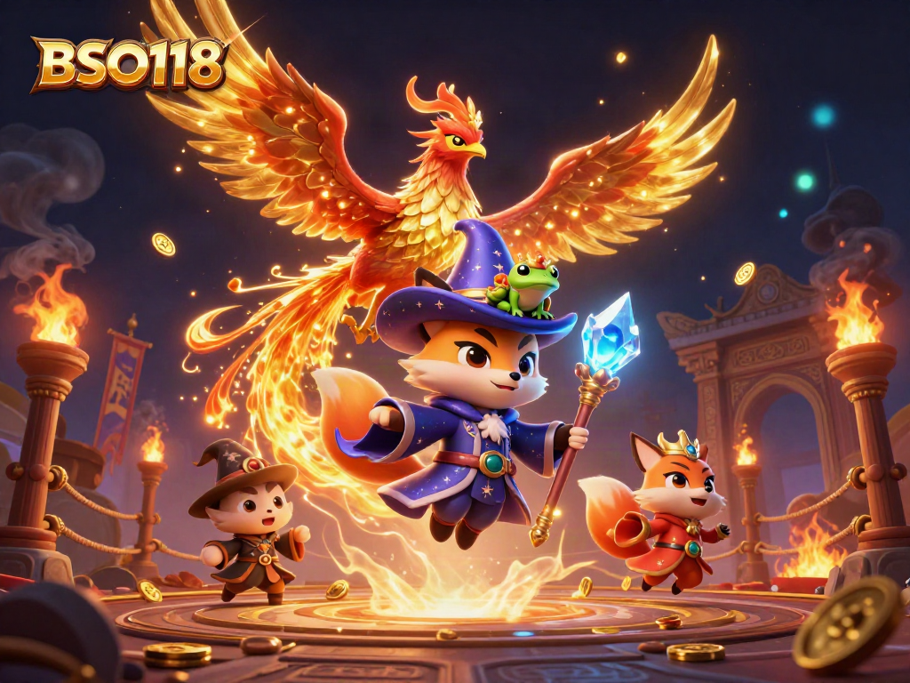 Engage in thrilling action at BSO118, featuring a mystical wizard fox and phoenix in a vibrant casino scene.