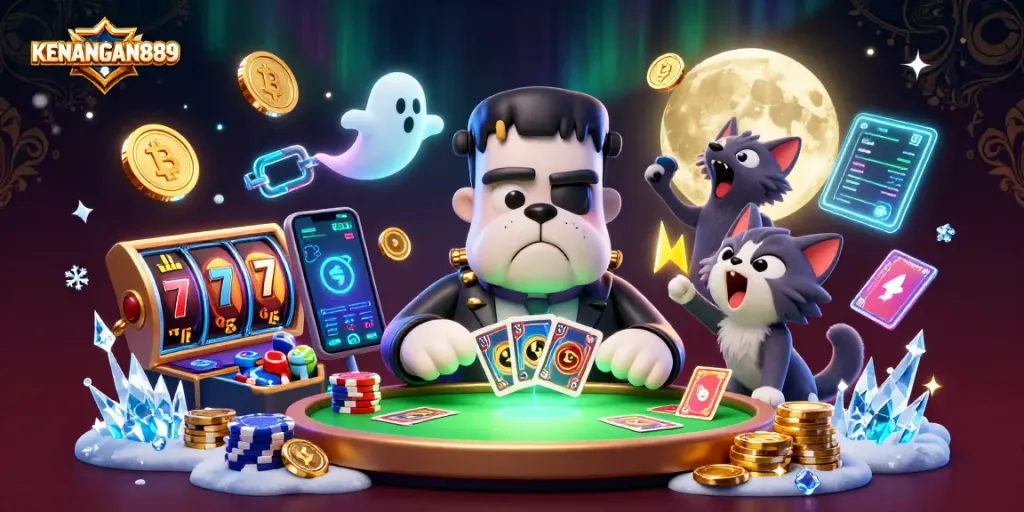 Experience thrilling gameplay at KENANGAN889 while interacting with colorful characters dealing cards and floating coins.