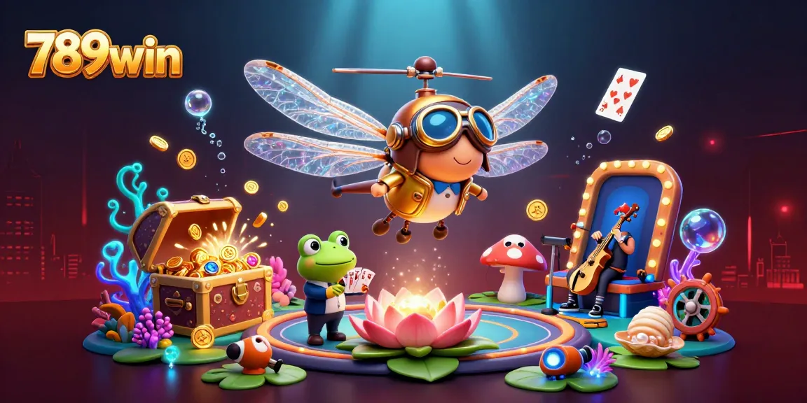 Immerse in the vibrant 789win casino scene featuring a dragonfly pilot and frog croupier dealing cards.