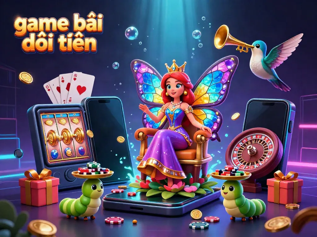 Experience thrilling game bài đổi thưởng with vibrant casino elements and enchanting characters in this 3D illustration.