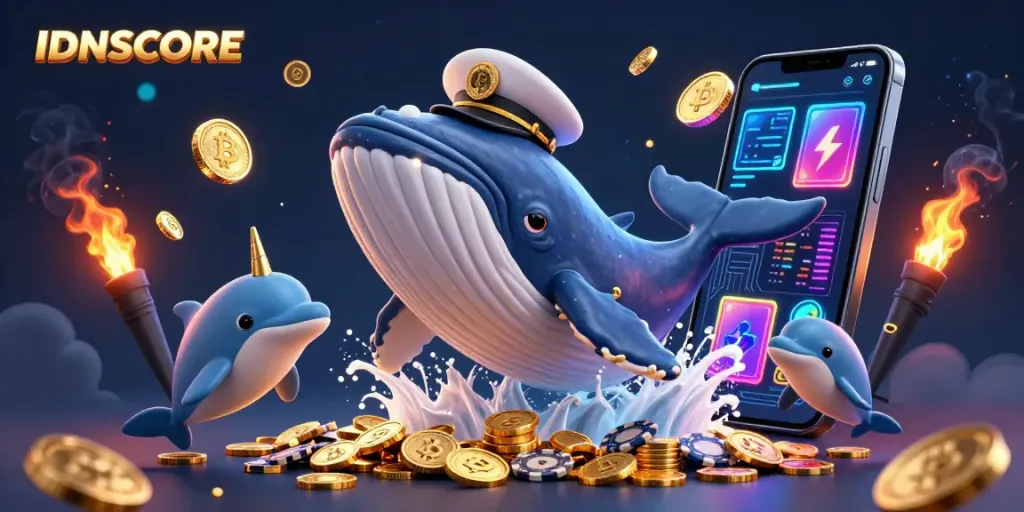 IDNSCORE features a vibrant scene with a cartoon whale, narwhal, and dolphins, surrounded by glowing crypto coins and casino elements.