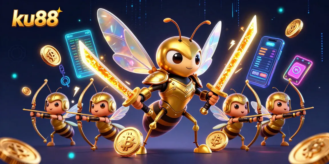 Engage with ku88's thrilling 3D casino world featuring vibrant crypto elements and a dynamic hornet warrior.