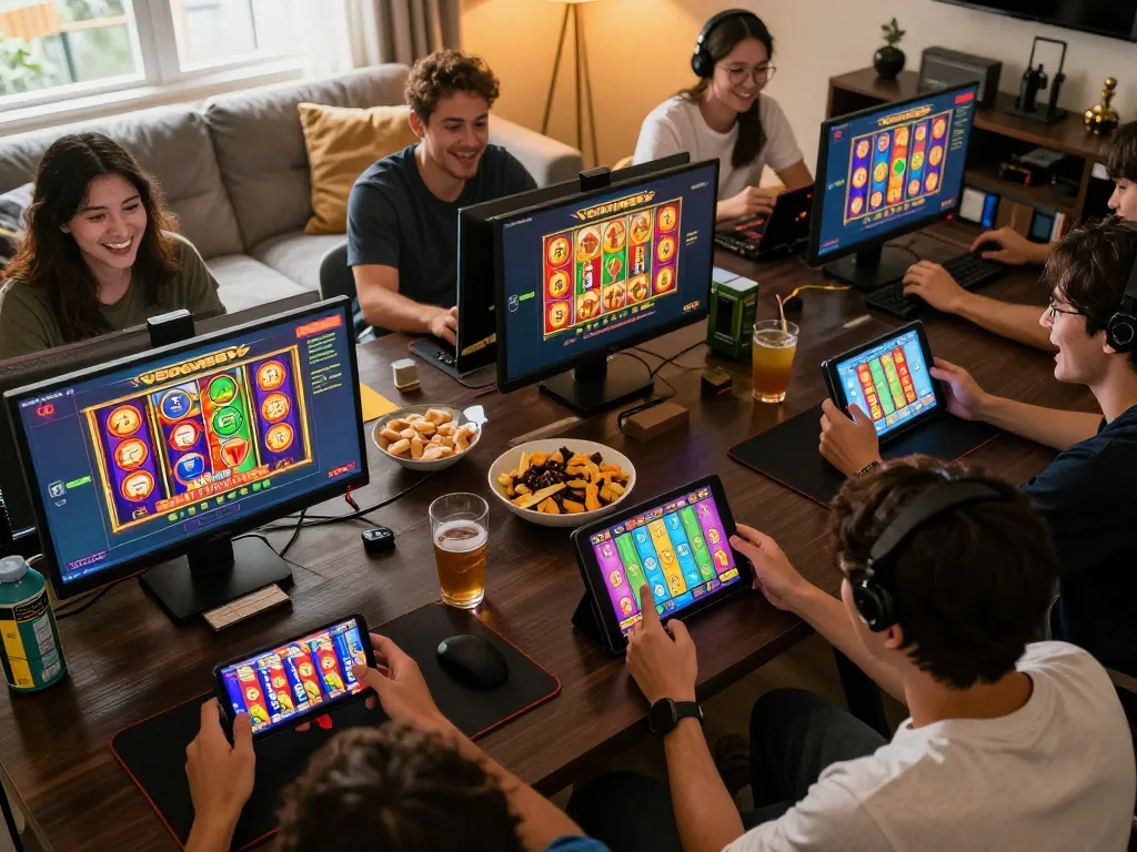 Engaging session of VENOM889 Slot gameplay on smartphones, showing excited players in cozy environment