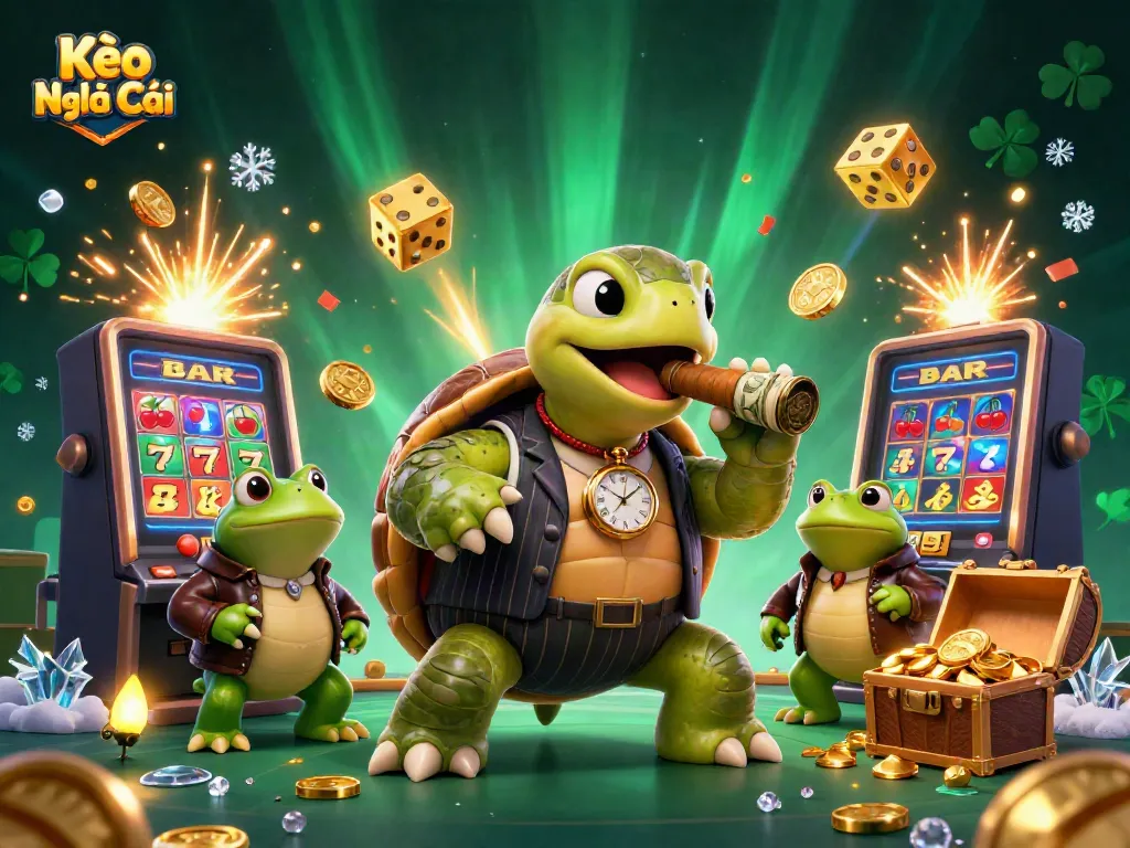 Experience thrilling Kèo Nhà Cái action with a cartoon turtle and bullfrogs amidst colorful casino scenes.