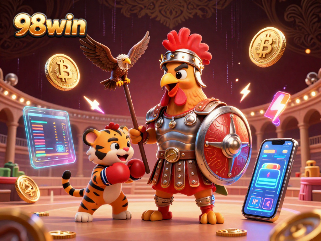 Experience the electrifying world of 98win with a dynamic 3D scene featuring a gladiator rooster and crypto elements.