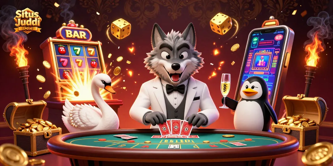 Situs Judi Bola showcasing a debonair wolf, elegant swan, and penguin sommelier in a vibrant casino scene.