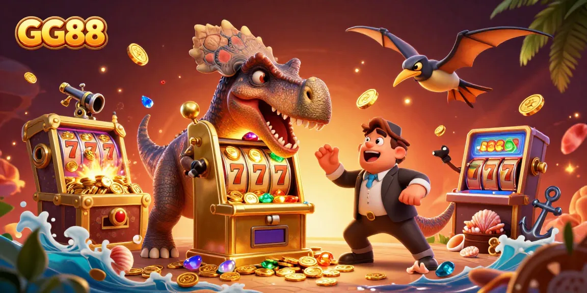 GG88 slots jackpot scene with a dinosaur, casino manager, and flying coins