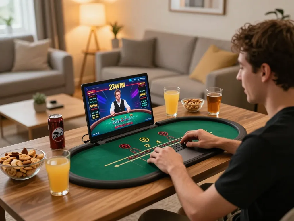 Engaging in live dealer blackjack on 23win in a cozy home setting.