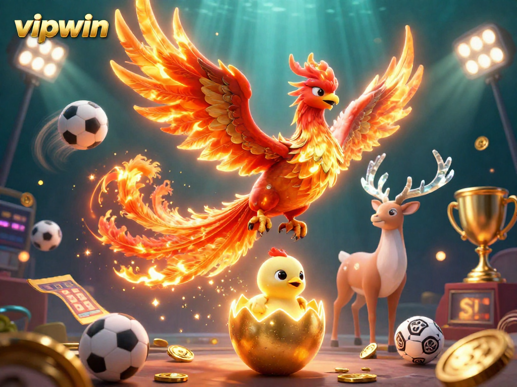 Experience thrilling wins at vipwin with a vibrant 3D casino scene featuring phoenix and sports elements.