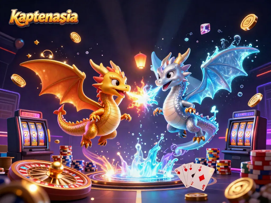 KAPTENASIA menghadirkan ilustrasi seni 3D dengan naga berlapis emas dan perak yang melawan, dikelilingi permainan kasino menarik.