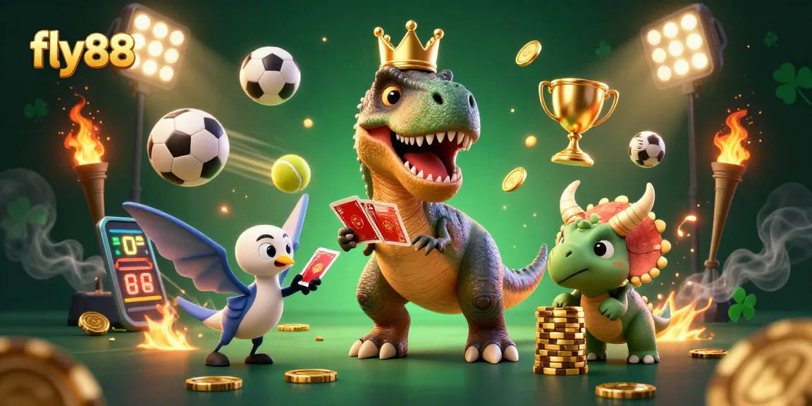 Bet on thrilling games and strategies at fly88 with a vibrant 3D gaming illustration of creatures in action.