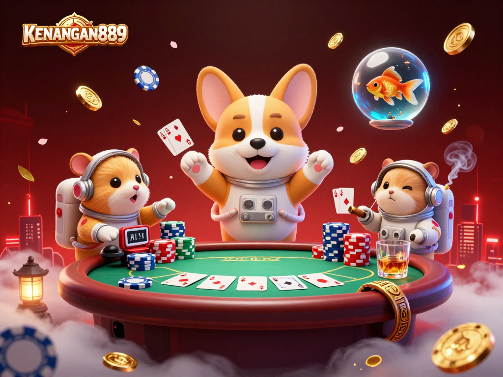 KENANGAN889 showcases an exciting floating casino scene with a corgi astronaut and gaming elements.