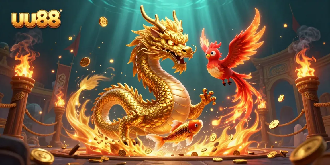 Experience the thrill of uu88 with vibrant dragons and gold coins in an epic casino scene.