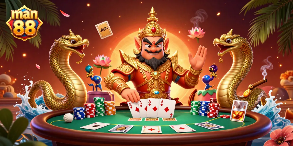 Experience thrilling gameplay with man 88 at a vibrant poker table surrounded by colorful casino elements.