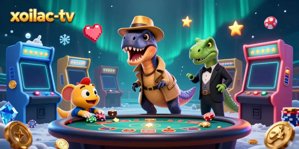 Engage with thrilling action on xoilac-tv featuring playful dinosaurs in a vibrant casino environment.