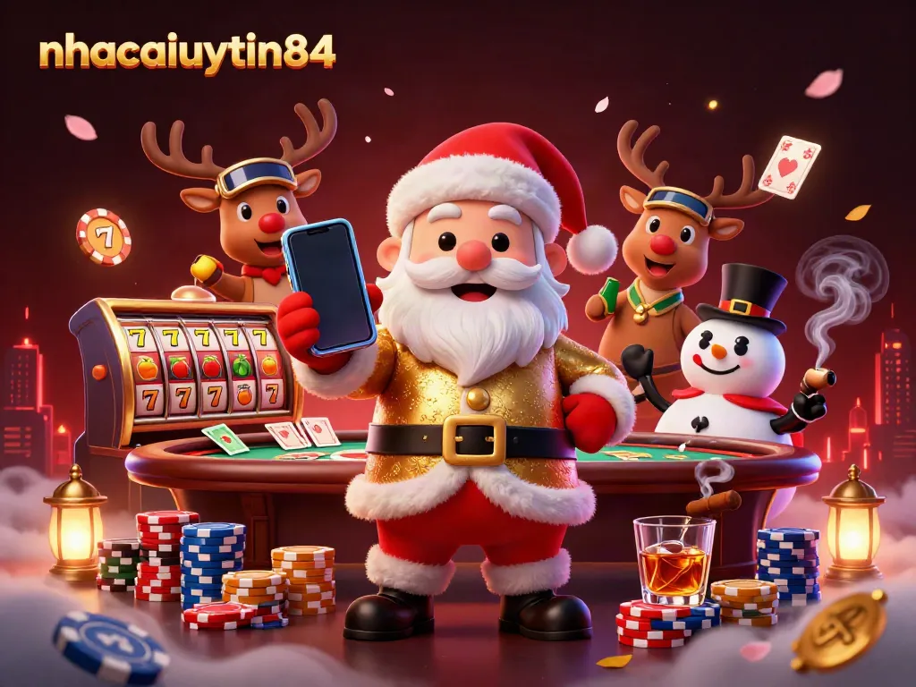 Experience the vibrant world of gambling with nhacaiuytin84 featuring a Santa and friends amidst colorful casino elements.